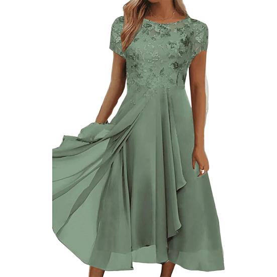 Rundhalsausschnitt Kurzarm Tailleneng Anliegend Hochtailliert Abendkleid Elegante Stickerei Spitze Blumenmuster Chiffon Drapierter Saum A-Linie Midi-Kleid Streetwear 2XL grün