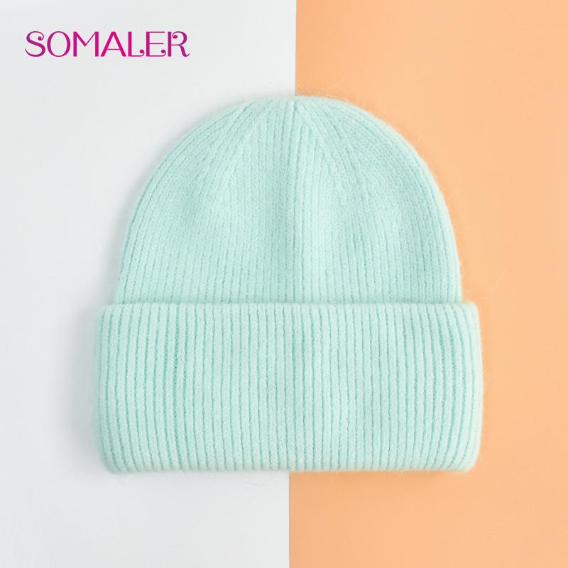 SOMALER Winter Angora Wolle Gestrickte Mütze Weich Warm Flauschig Kaninchenfell Strick Einfache Mützen für Damen hellgrüne