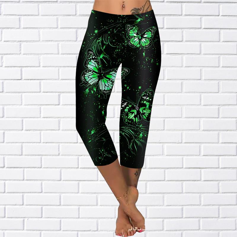 Hosen Sommer Gelbe Schmetterling Kurze Leggings Abgeschnittene Röhrenhose Plus Size Leggins Damen Drei Schmetterlinge Hosen Abgeschnittene Hosen 2XL grün