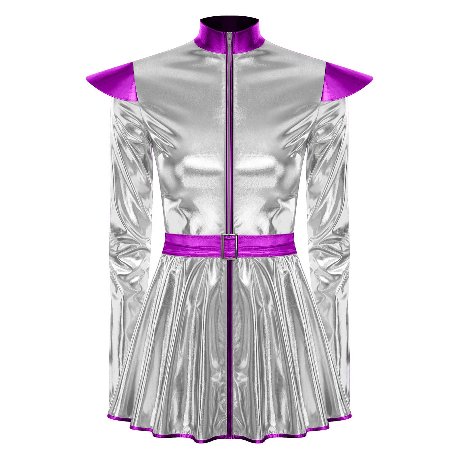 Damen Alien Kostüm Langärmlig Reißverschluss vorne A-Linien Kleid Gürteldesign Glänzend Metallic Weltraum Roboter Kostüm S silber
