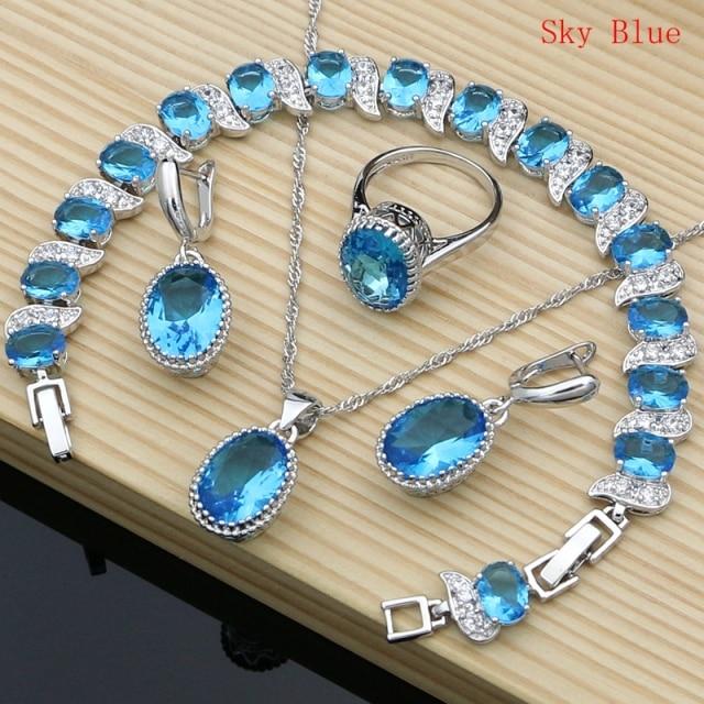 Natürlicher 925er Silberschmuck, roter Geburtsstein, Charm-Schmuckset für Damen, Ohrringe/Anhänger/Halskette/Ring/Armbänder 8.5 himmelblaue