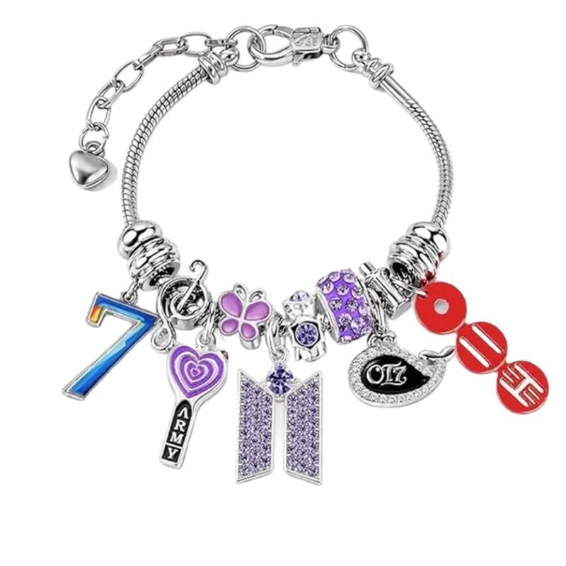 BTS Charm-Armband OT7 Wal ARMY Logo Lila Kristallperlen Silberbeschichtete Schlangenketten-Schmuck Kpop Fan-Geschenk für Army