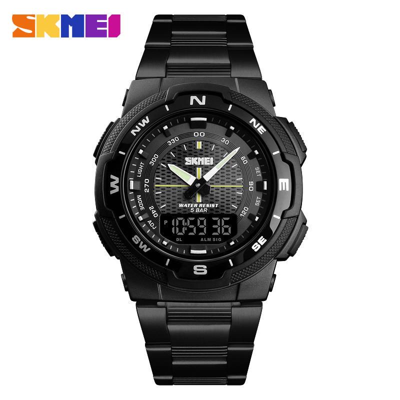 SKMEI Neue Dual Display Digitale Armbanduhren Männer Casual Uhr Wasserdichte Uhr Edelstahl Armband schwarz