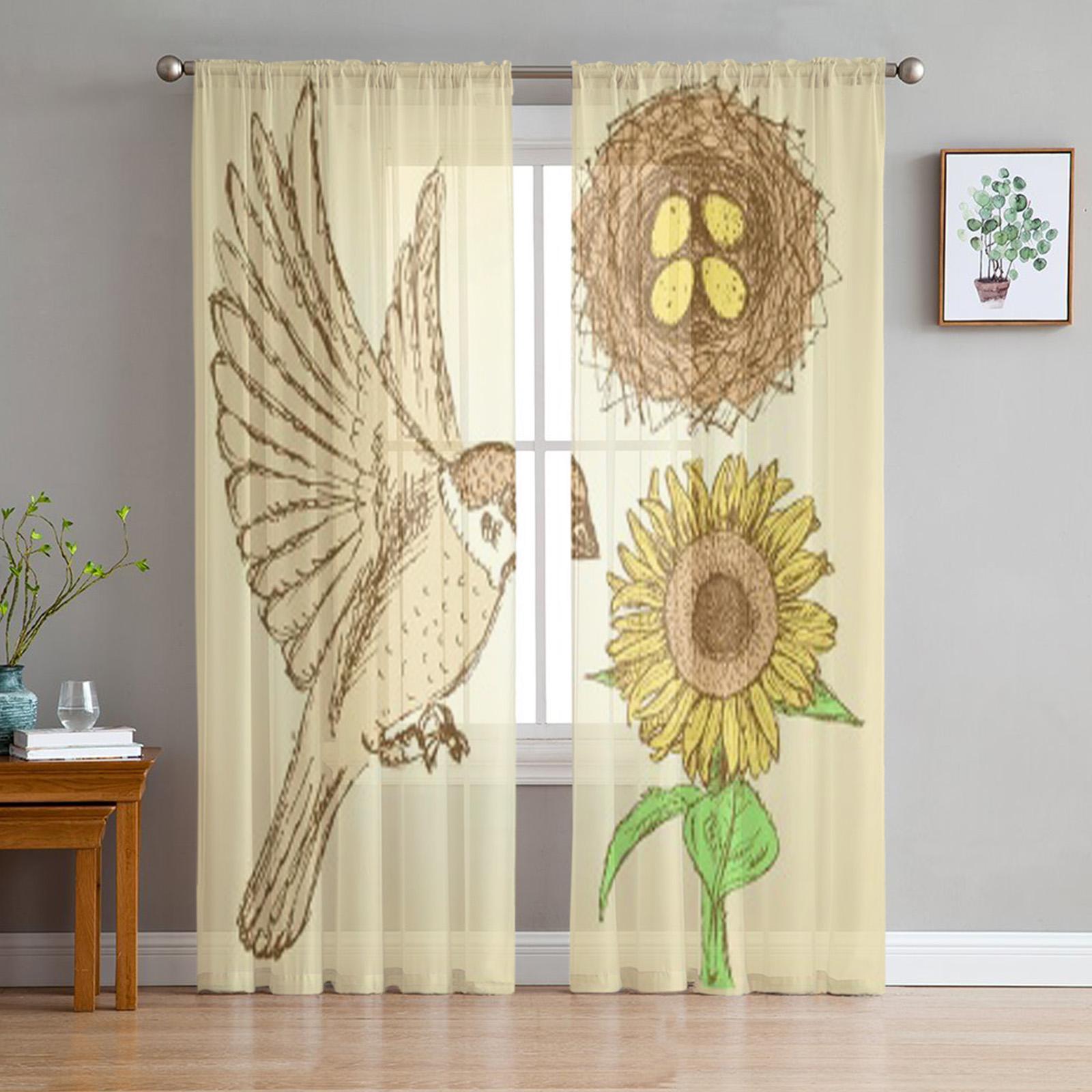 Skizzen Natur Set im Vintage-Stil Chiffon Transparente Vorhänge für Wohnzimmer Schlafzimmer Dekoration Fenster Voiles Tüllvorhang 135W x 114H(cm)