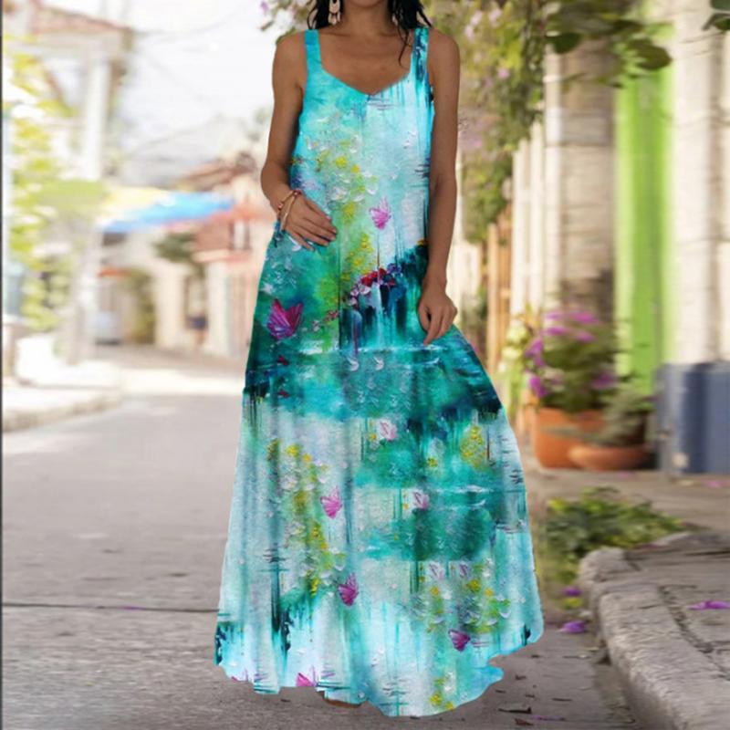 Damen Slip-Kleid Maxi Langes Kleid Blaues Wassertropfen-Print-Kleid Frühling & Sommer V-Ausschnitt Freizeit Urlaub XL hellblaue