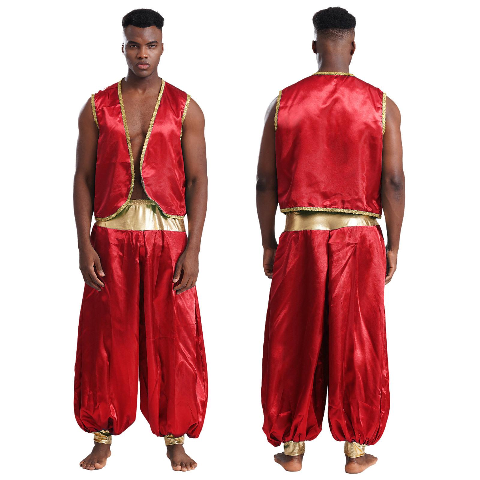 Herren Arabischer Prinz Kostüm S-4XL - Glänzende goldene Borte Weste & Patchwork Hose für Halloween/Cosplay M bordeaux