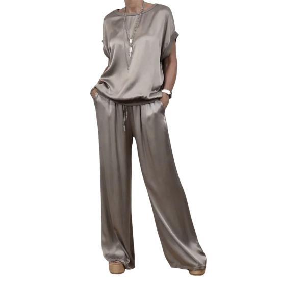 2-teiliges Set mit Oberteil und Hose aus Satin für Damen, Rundhalsausschnitt, Halbarm, Bluse, weites Bein, Hose mit elastischer Taille und Taschen, lockeres Outfit für die tägliche Freizeit 3XL dunkelgraue