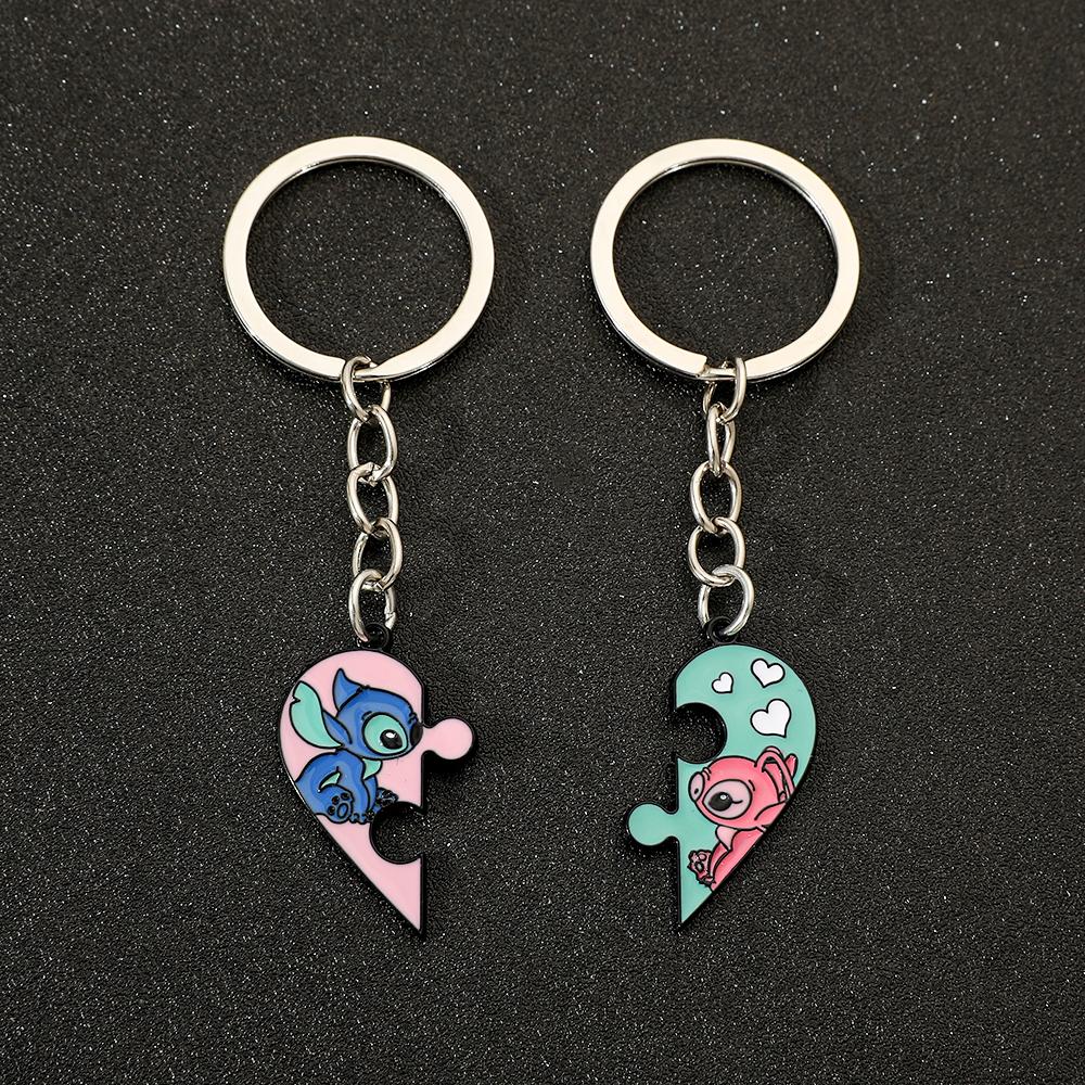 Disney Lilo & Stitch Schlüsselanhänger Niedliche Cartoonfigur Stitch Angel Liebesherz Puzzle Schlüsselanhänger Beste Freundschaft Schlüsselhalter Schmuck