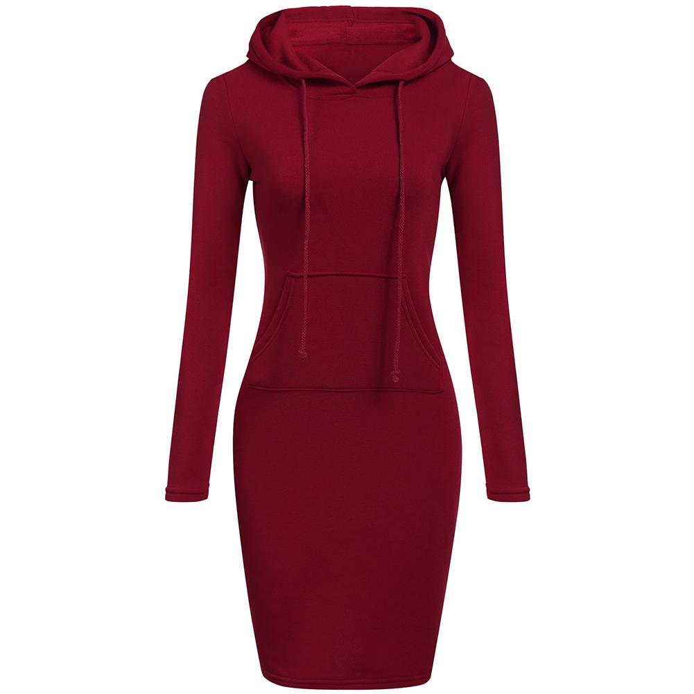 Damenmode, schlankes, langärmliges, festes Bleistift-Hoodie-Kleid mit Kapuze M wein rot