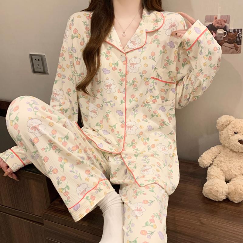2025 Frühling Herbst Damen Pyjama Set Blumendruck Pyjama für Frauen Langarm Nachtwäsche Freizeit Nachtwäsche Homewear M weiß