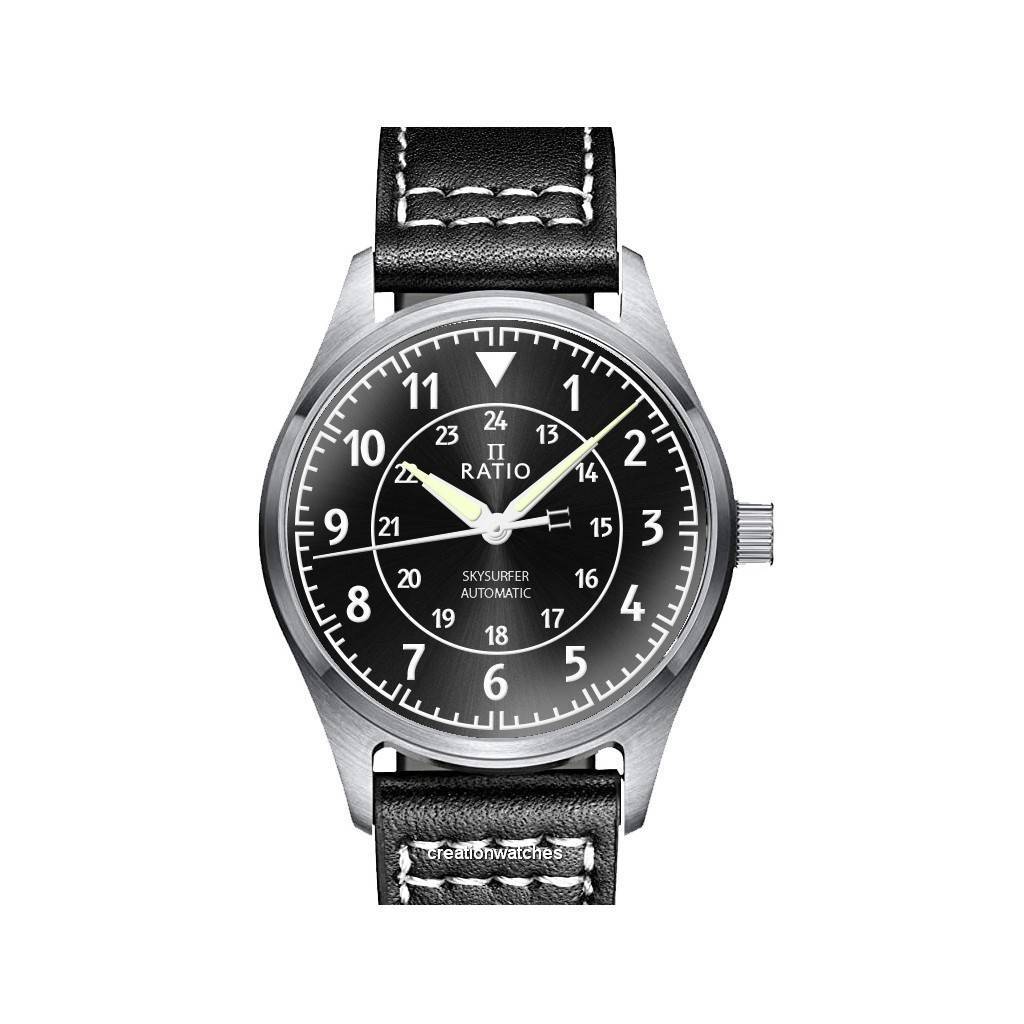 Ratio Skysurfer Pilot Automatik-Herrenuhr RTS314 200M mit schwarzem Sunray-Zifferblatt und Leder schwarz
