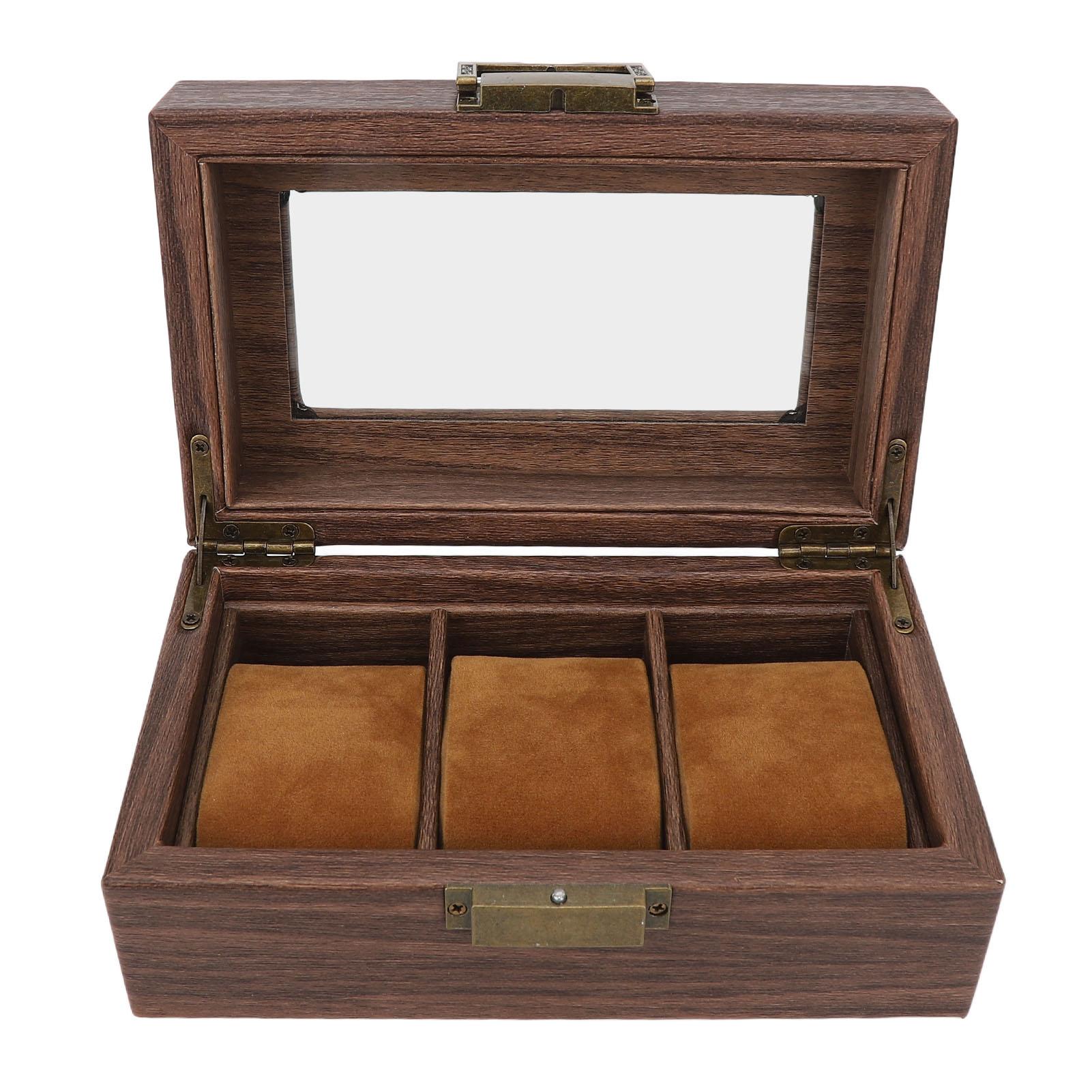 Uhrenbox aus Holz 3 Fächer Metallscharniere Natur Vintage Muster Uhren Präsentationskoffer für Uhren Braun