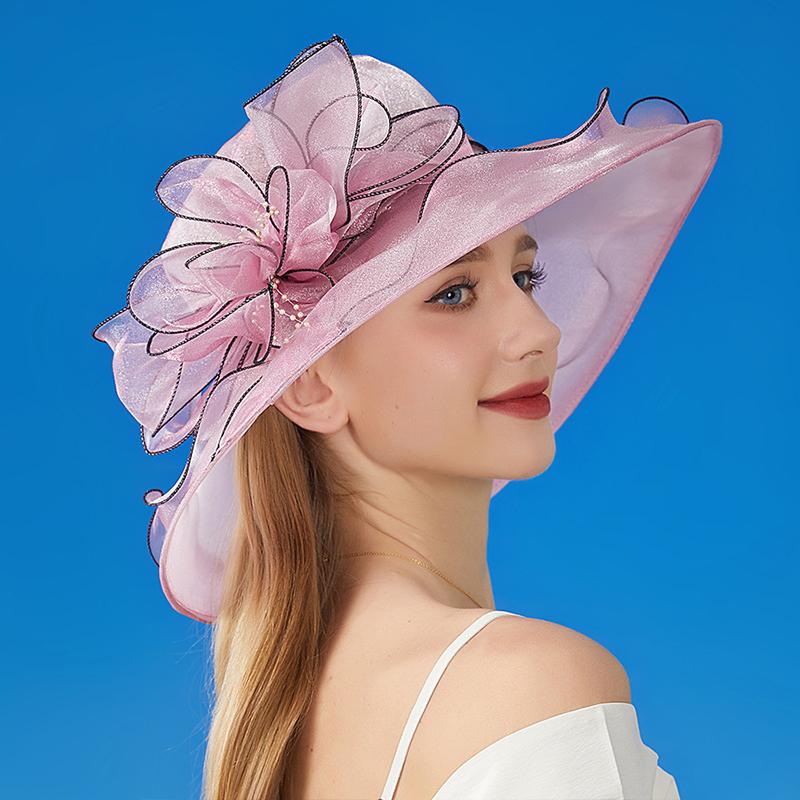 1PC Vintage Elegante Damen Hut Sonnenschutz Organza Sonnenschutz Große Krempe Hut Mesh Blumen Hut