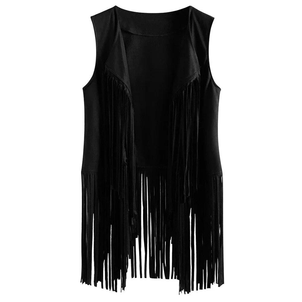 Damen Vintage Faux Wildleder Ethno Ärmellose Jacke Lange Fransen 70er Jahre Hippie Cardigan Jacke Disco Prom Party Weste Jacke S schwarz