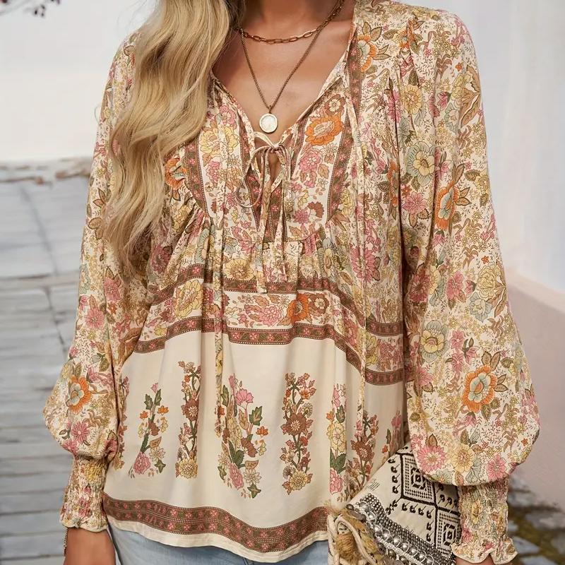 Bluse mit V-Ausschnitt und Blumendruck, lässige Bluse mit V-Ausschnitt und Blumendruck, lange Ärmel mit Kordelzug für Frühling und Herbst – Damenbekleidung L brown