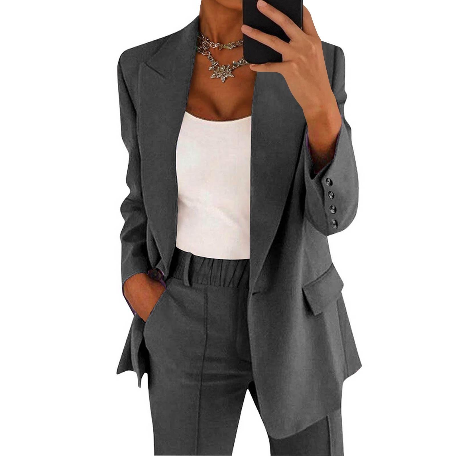 Frauen Casual Langarm Einfarbig Revers Strickjacke Anzug Jacke Hosen Anzug XXXXL