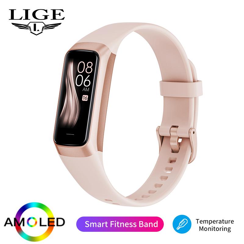 Lige Neue Smart Armband Sport Fitness Tracker Smartwatch AMOLED Bildschirm Wasserdicht Körper Temperatur Smart Armband Für Frauen Männer silicone strap rosa