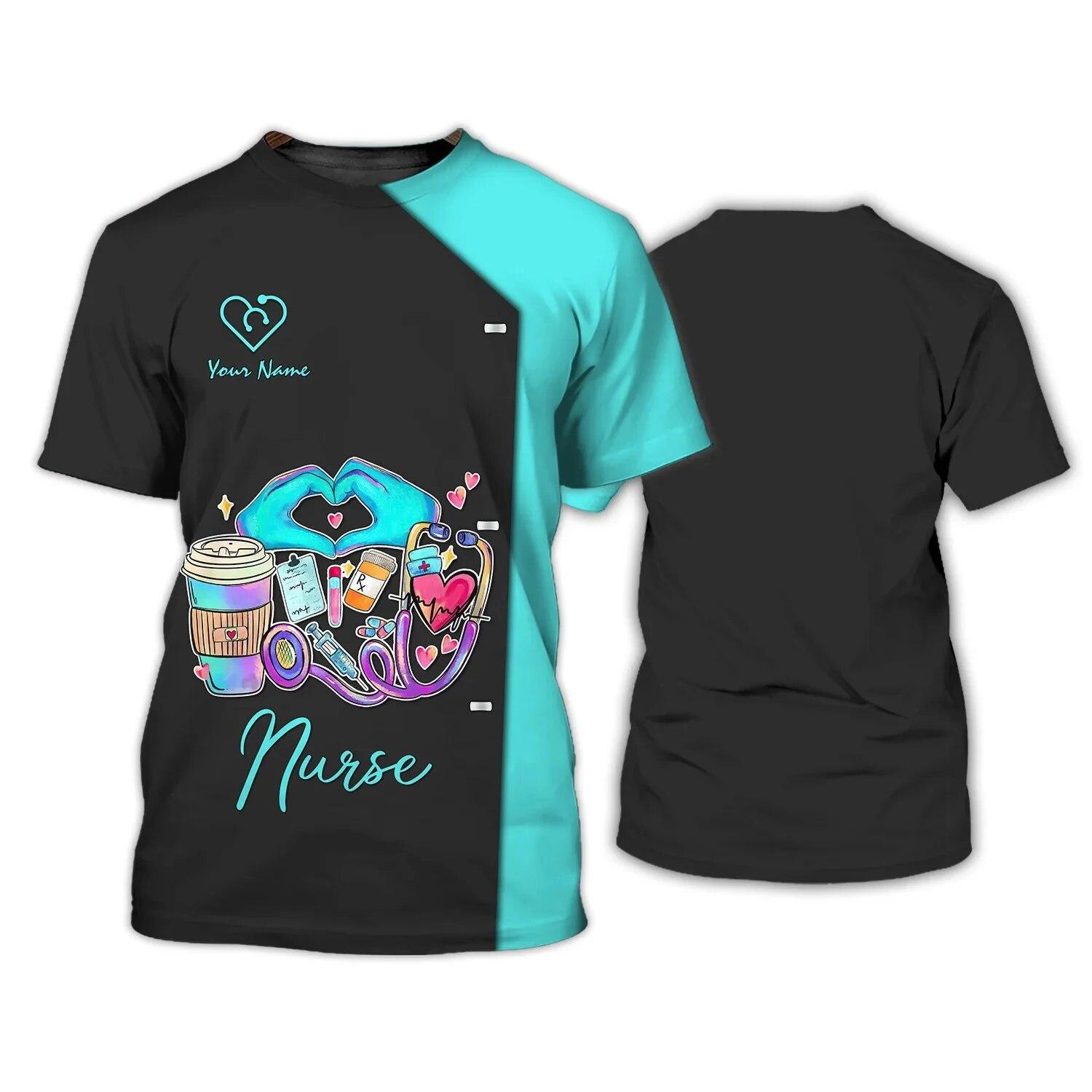 Sommer Damen T-Shirt Unisex Kurzarm Tops Krankenschwester/Arzt Kleidung 3D-Druck Bequeme Business-Kleidung Mode O-Ausschnitt T-Shirts 2XL blue