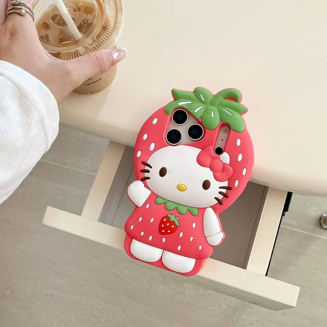 INS 3D Niedliche Erdbeer Hello Kitty Handyhülle für iPhone 17 16 15 14 13 12 Pro Max 17Pro Air iPhone 11 Weiche Silikon Handyhülle iPhone 16
