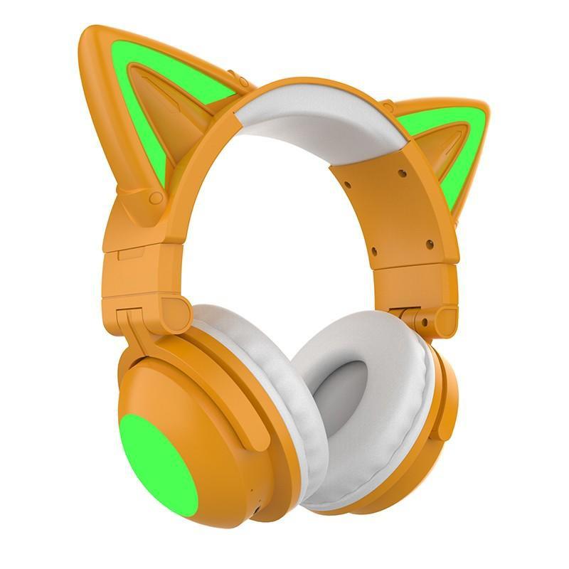 Faltbarer, am Kopf montierter Katzenohr-LED-Gaming-Headset mit starkem Bass, Bluetooth 5.0-Kopfhörer, echter kabelloser Kopfhörer mit Mikrofon orange