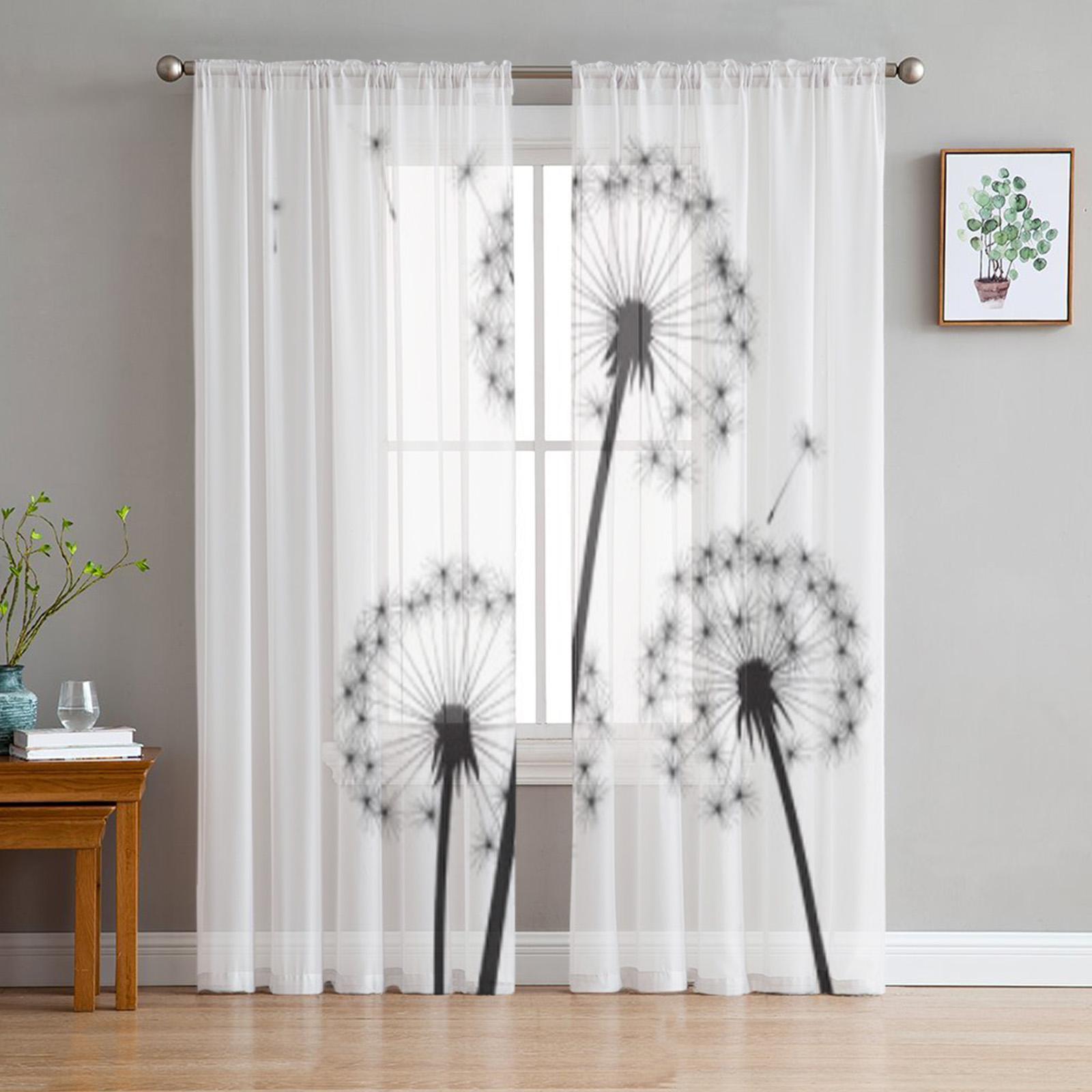 Schwarze Pusteblumen Weiße Tüll Vorhänge für Wohnzimmer das Zimmer Schlafzimmer Küchendekoration Voile Organza Vorhänge 135W x 114H(cm)