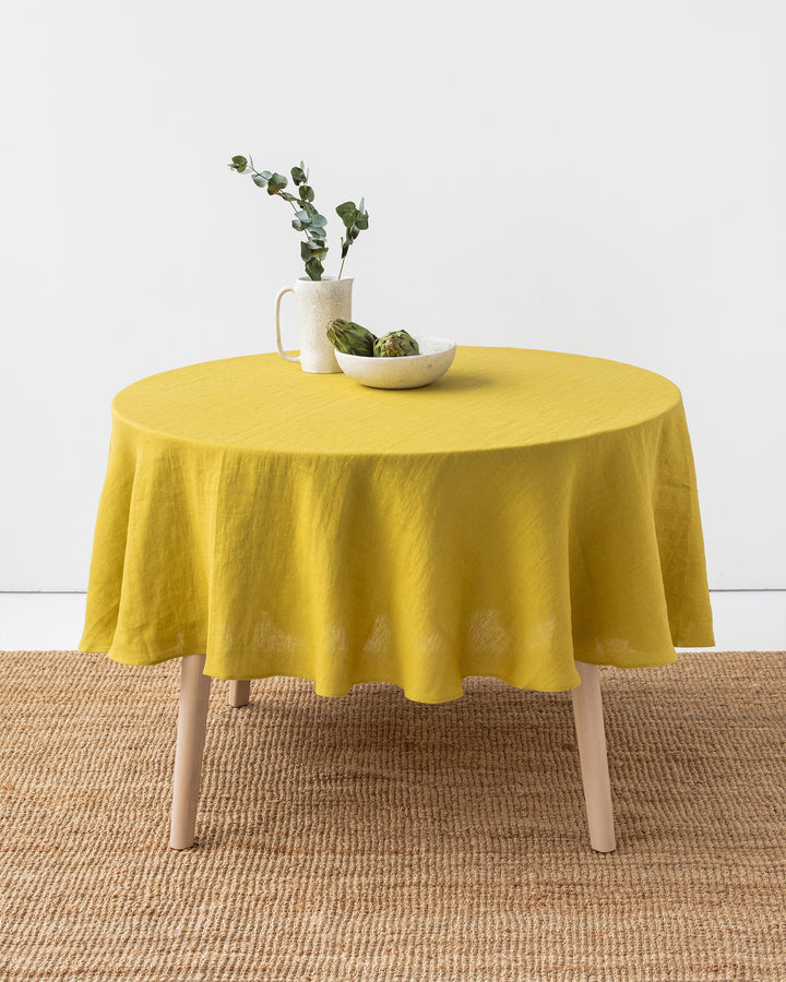100% Reines Leinen Einfarbig Runde Tischdecke, Tischdecke aus Naturstoff, Für Küche Esszimmer Party Feiertag Tischdekoration Diameter 130cm gelb