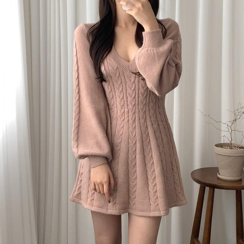 Strickpullover Minikleid Damen Casual Laternenärmel Kurze Kleider Herbst Winter V-Ausschnitt Outfits Weiblich XXL rosa
