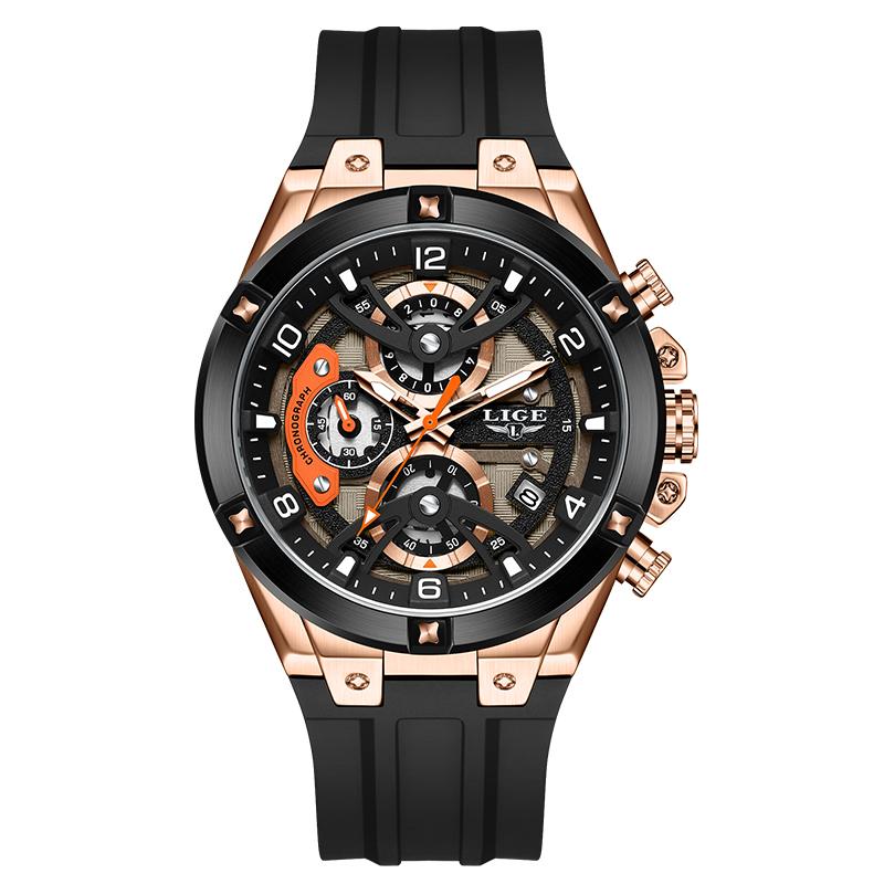 LIGE Herrenuhren Mode Weiches Silikonarmband Wasserdicht Kalender Business Sport Herren Quarz Uhr gold/schwarz