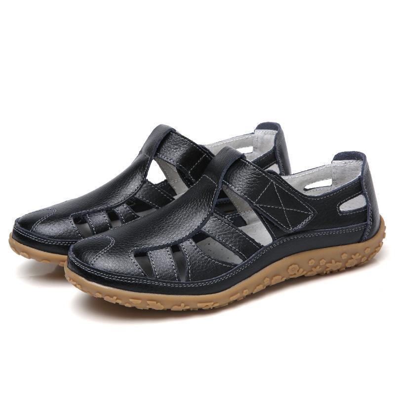 Damen Ledersandalen Lässige Sommer Sandalen mit geschlossenem Zeh Strand Sandalen Flache Bequeme Sneaker 44 schwarz