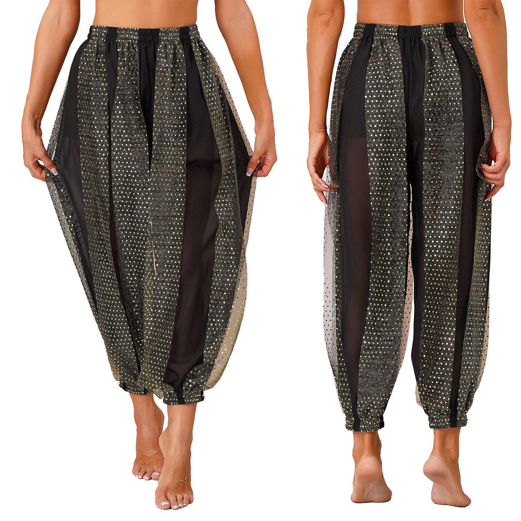 Damen Bauchtanz-Kostüm, Münzen, Laternenhose, seitlich geteilte Pailletten, glänzende Haremshose, arabische Halloween-Hose One Size schwarz