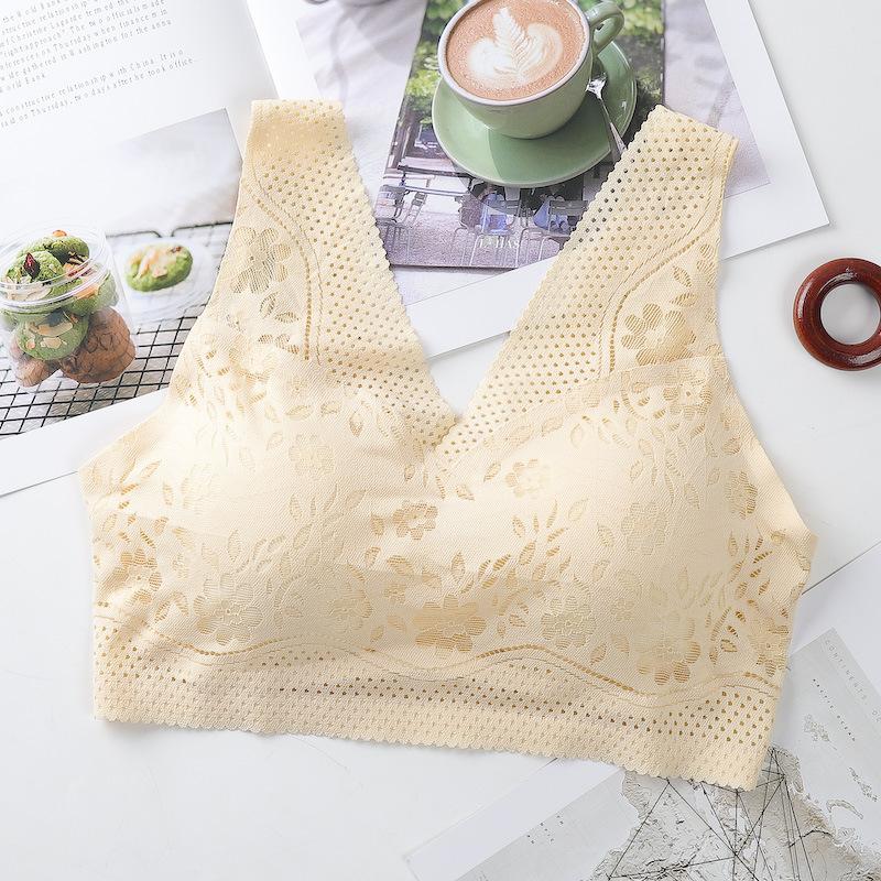 Nahtlose, atmungsaktive Spitze-Push-Up-BHs für Frauen, sexy, kabelloses Top, Dessous, V-Ausschnitt, Bralette, Unterwäsche mit niedrigem Rücken XXXL beige