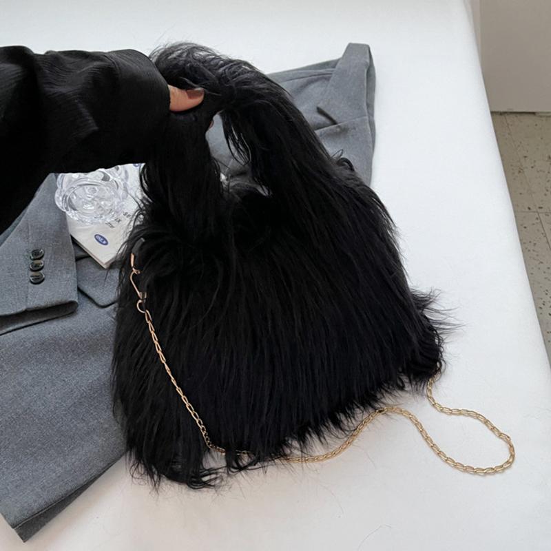 Yogodlns Weiche Plüsch-Damen-Umhängetaschen für den Winter, warm, modisch, Bonbonfarben, Kette, Umhängetasche, Handy-Geldbörse und Handtaschen 25x13x18cm schwarz