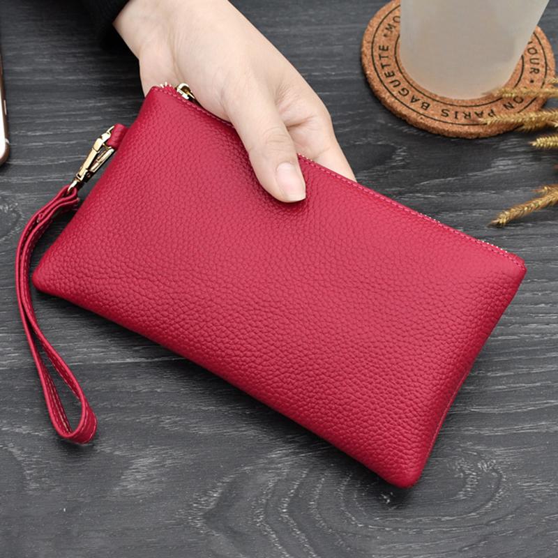 Schlichter Stil, hohe Kapazität, Damen-Handytasche aus echtem Leder, lange Geldbörse, Reißverschluss-Clutch-Handtasche mit Handschlaufe rot