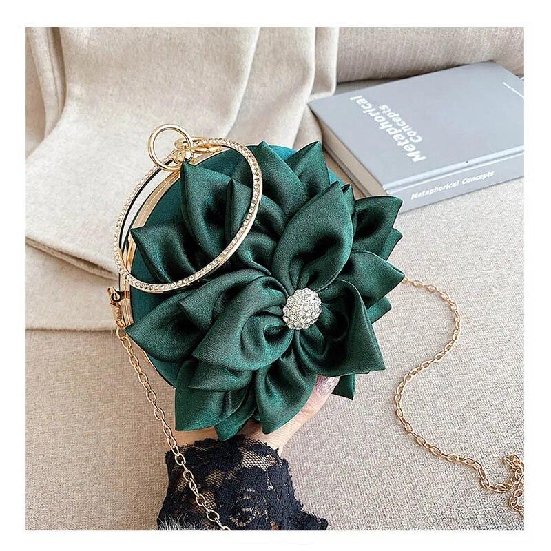 Rote Blume Clutch Geldbörse Damen Runde Abendtasche Kristall Diamant Hochzeit Seide Handtasche Exquisite Kette Umhängetaschen grün