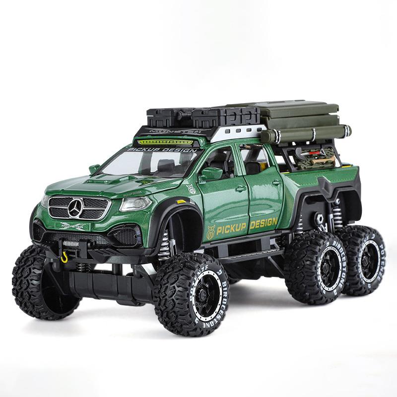 1/28 BENZ X-KLASSE 6X6 Camping Geländewagen Legierung Automodell Ton und Licht Kinderspielzeug Sammlerstücke Geburtstagsgeschenk grün