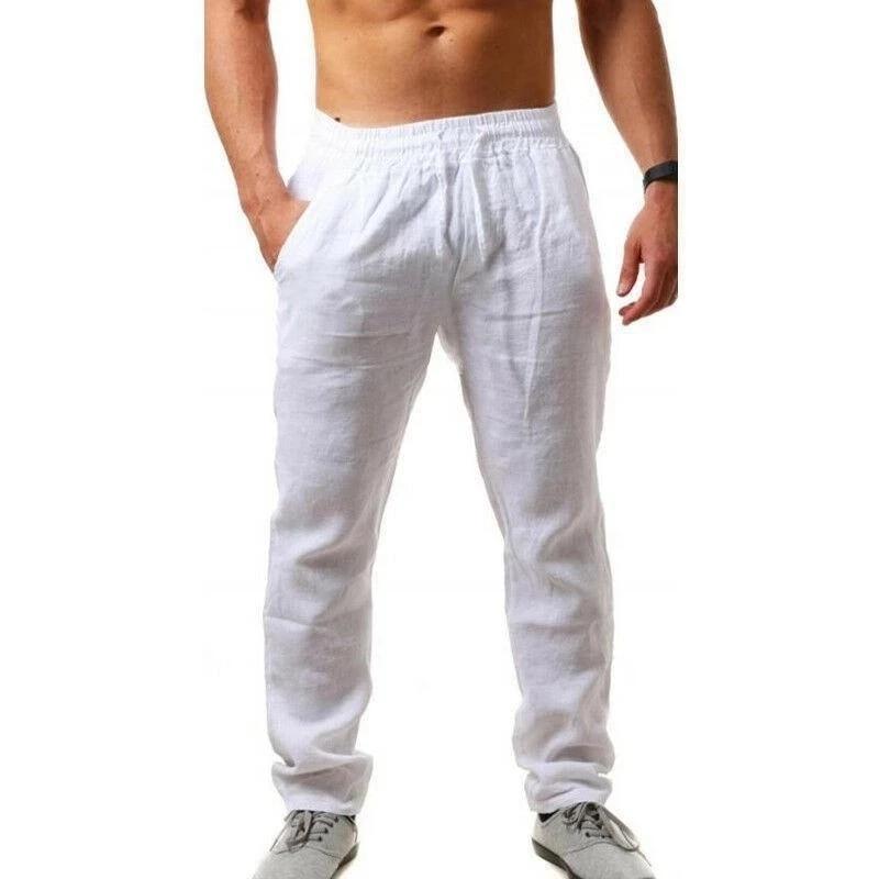 Männer Baumwolle Leinen Hosen Männlichen Herbst Neue Atmungsaktive Einfarbig Leinen Hosen Fitness Streetwear S-3XL XXXL weiß