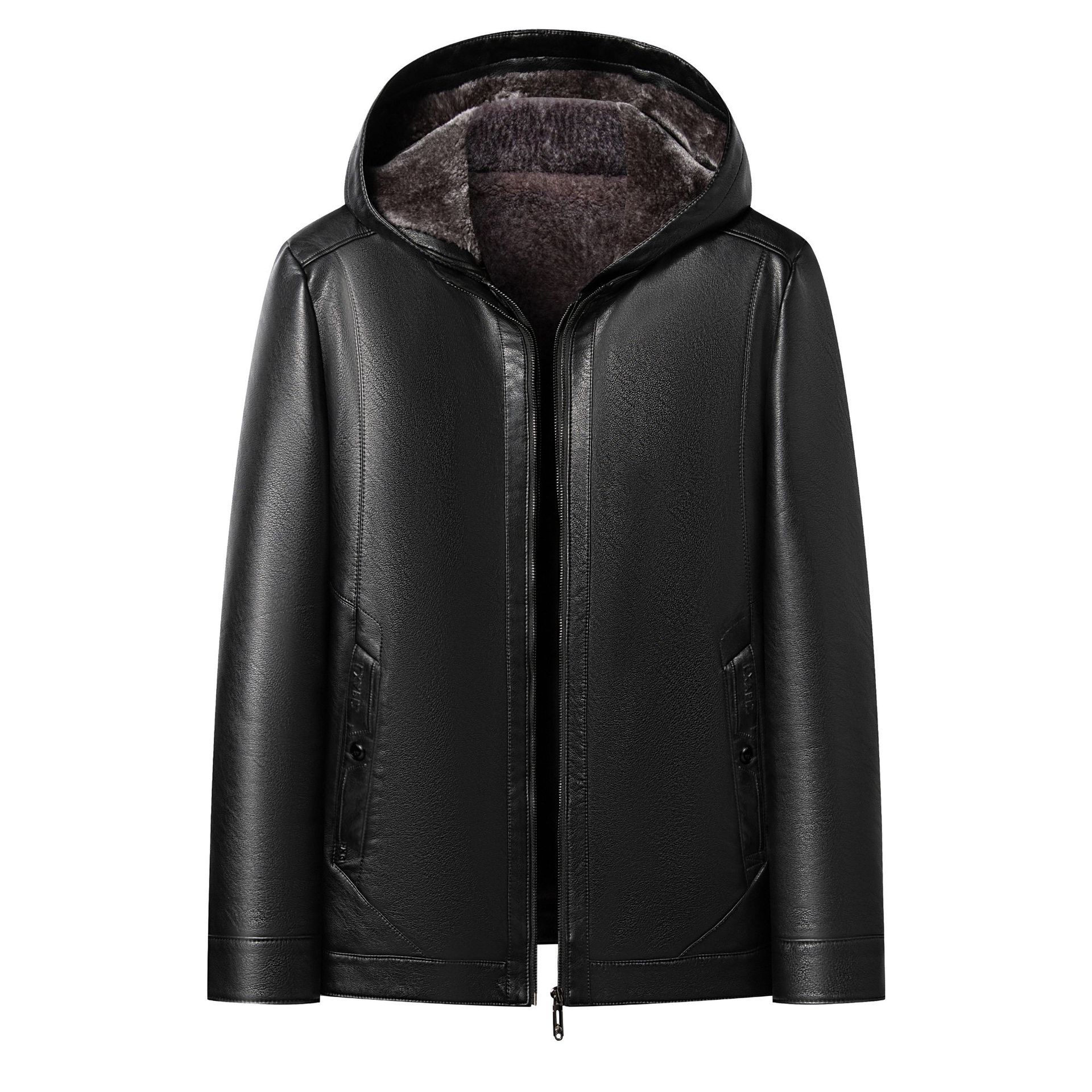 Hochwertige neue Lederjacke für Herren im Herbst und Winter sowie samtig warme kurze Schaffelljacke mit abnehmbarer Lederjacke mit Kapuze 170