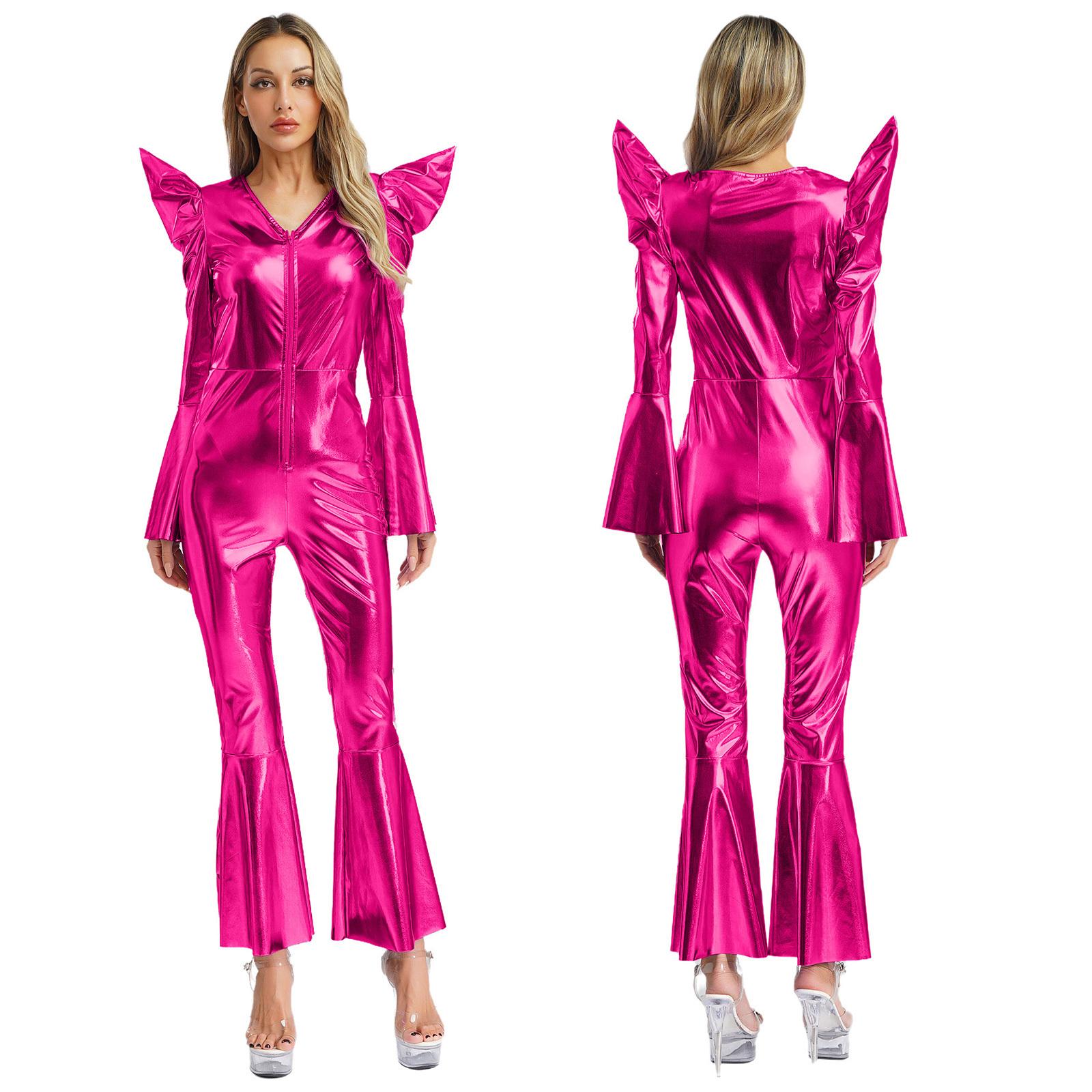 S-3XL Damen Disco Jumpsuit Halloween Kostüm: Glänzender metallischer Langarm-Rüschen-Overall mit hoher Taille, Schlaghosen und Reißverschluss vorne XXL heißes rosa