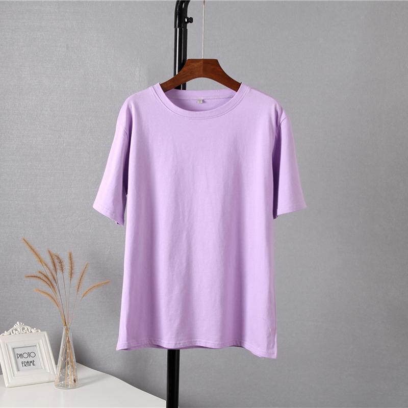 Hirsionsan Grundlegende Baumwolle T Shirt Frauen Sommer Neue Lose Solide Tees 19 Farben Casual Lose T Shirt Weibliche Übergroßen O hals Weibliche Tops M violett