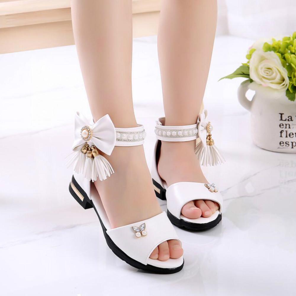 Kinder Bogen Sandalen Kinder Mädchen Sommer Süße Sandalen Strand Prinzessin Mode High Heels Quaste Schule Schuhe 35.0 weiß