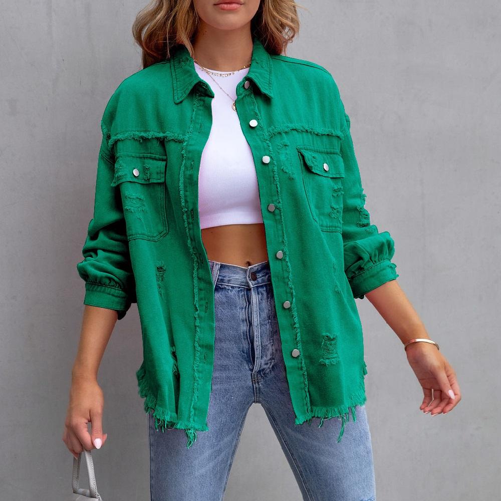 Frauen Herbst Frühling Denim Jacken Langarm Einreiher Vintage Jeans Strickjacken Mäntel Damen Beiläufige Lose Oberbekleidung Tops L grün