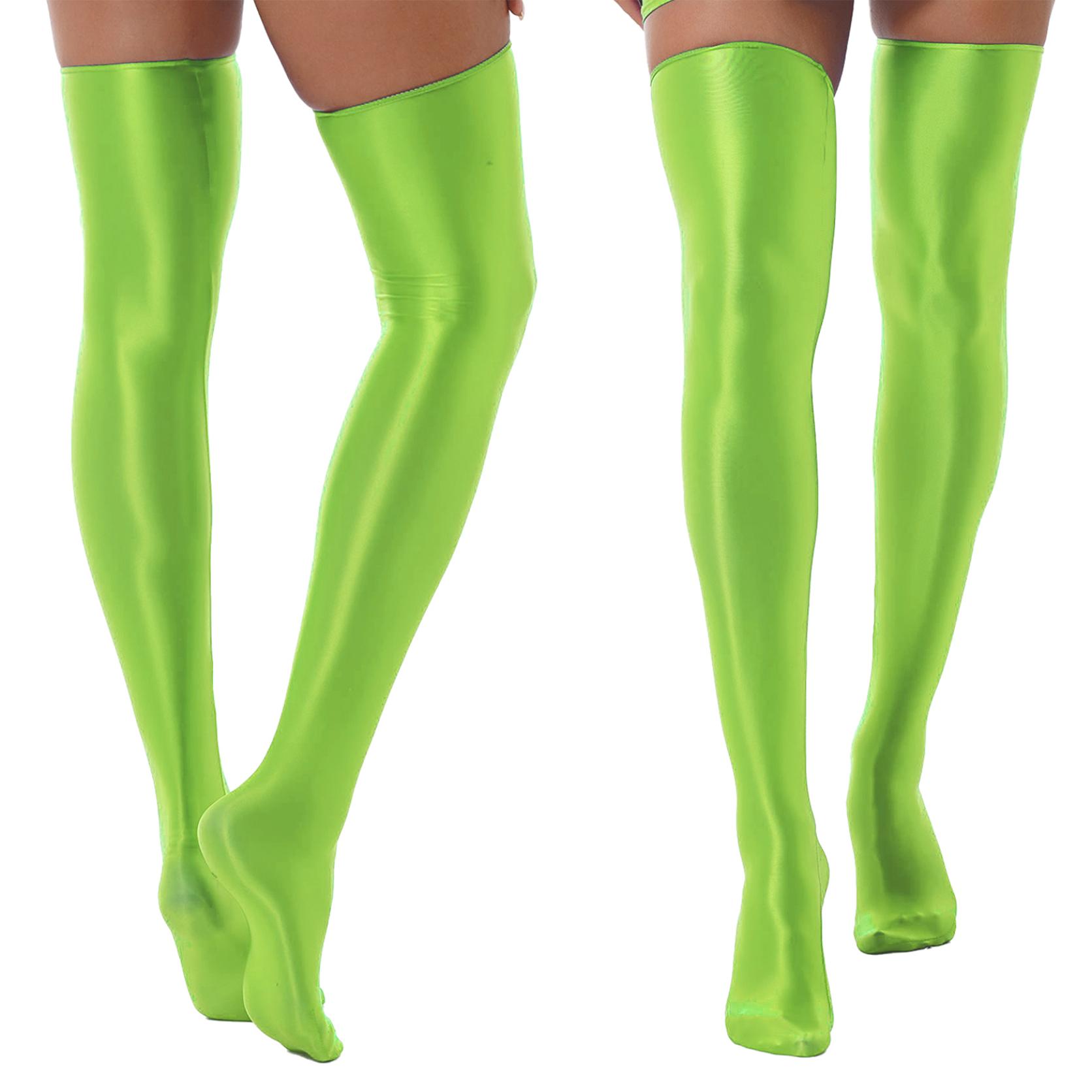 Weibliche Dessous Über Knie Socken Oberschenkel Hohe Strümpfe Festes Öl Glänzend Glatte Elastische Strümpfe Frauen Knie Hohe Socken One Size fluoreszierende grün