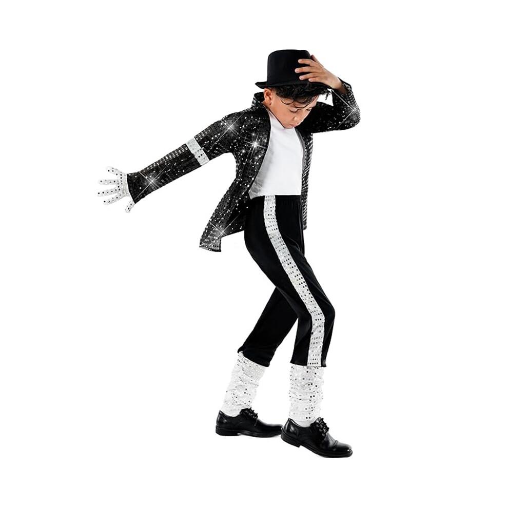 (Höhe 115-125cm) Junge Michael Jackson Billie Jean Schwarzer Anzug Tanz Disco Halloween Kostüm 80er Popkönig Kostüm für Kinder Height 105-115cm