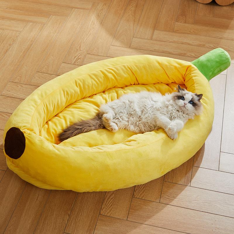 Bananen-Katzenbett, niedliche Katzenmattenbetten, warm, langlebig, tragbar, Haustierkorb, Zwinger, Hundekissen, Katzenzubehör S 62X38X13CM yellow