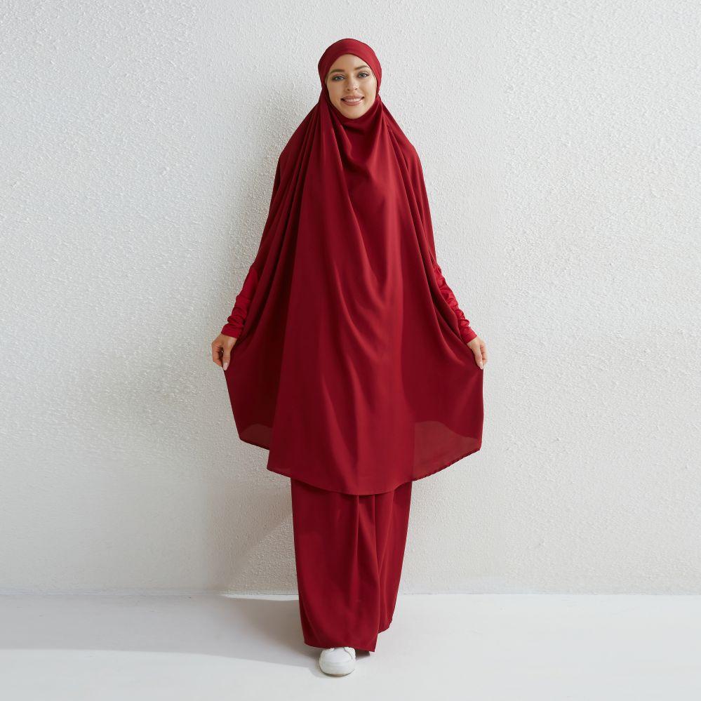 Muslimische Sets Zweiteilige Gebetskleidung Lange Kapuzen-Rauchhülsenhemden Hijab Lose Maxiröcke Elastische Taille Damen-Abaya-Sets One Size wein rot