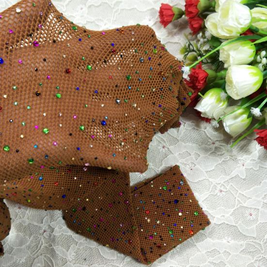 Frauen Sexy Strass Dekor Fischnetz elastische Strümpfe Fischnetz Strumpfhosen Strumpfhosen weiß/kaffeebraun
