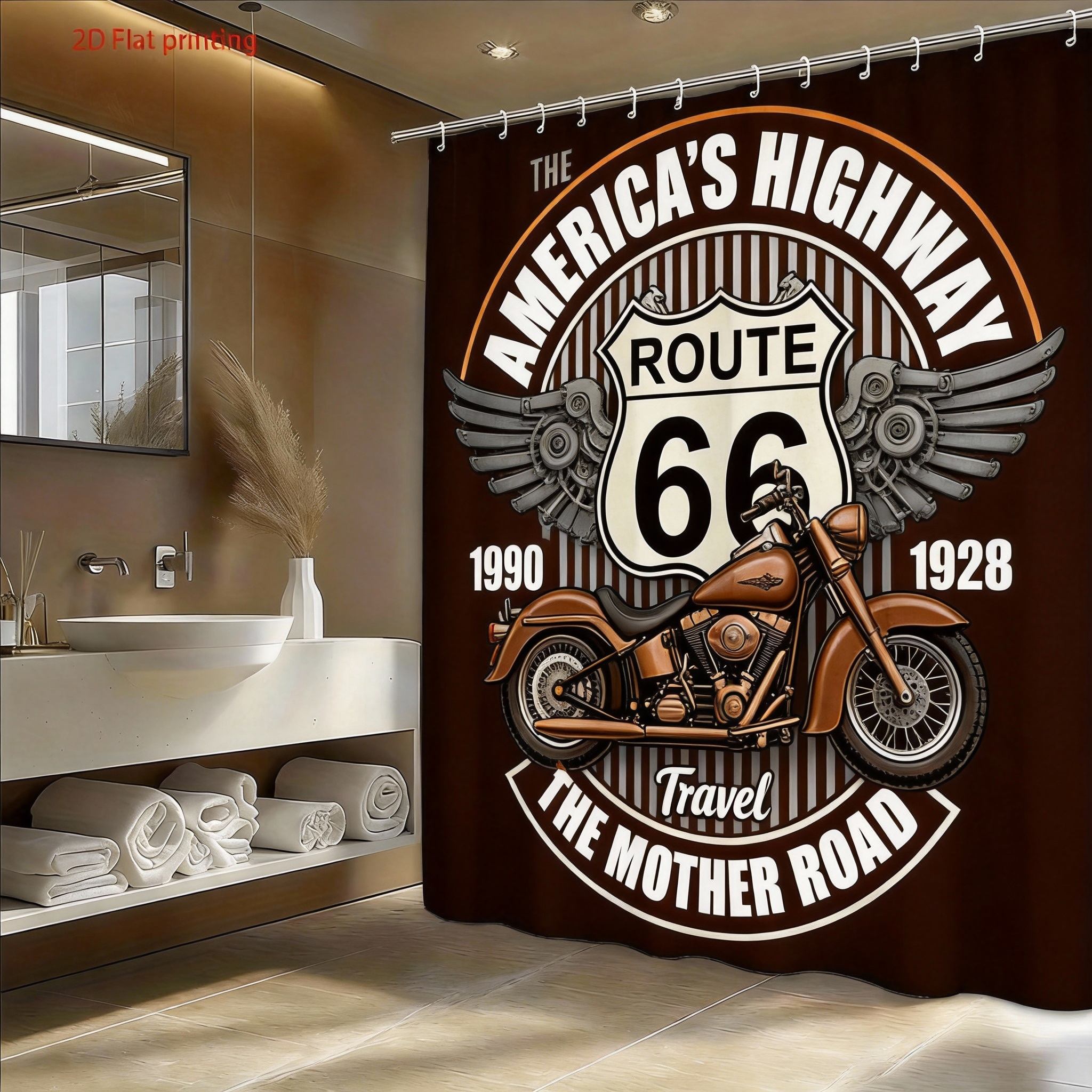 Route 66 Motorrad Duschvorhang Retro Amerikanisches Highway Design Mit Chrom Motorrad Und Flügeln Duschvorhang Mit Haken 300X180cm(118x70in)