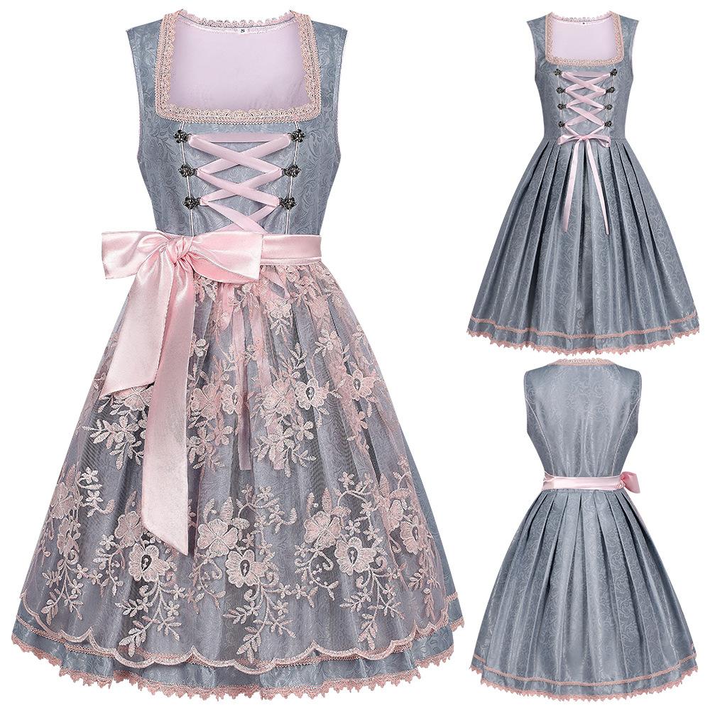 Damen Deutsches Dirndl Kleid Kostüme für Oktoberfest Karneval Traditionelles Kostüm Bierkleid Festliches Kleid XL gray