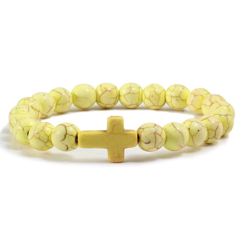 8mm Perlen Kreuz Armbänder für Damen Herren Naturstein Elastisches Stretch Gebetsarmband für Damen Freundschaft Kreuz Geschenke gelb
