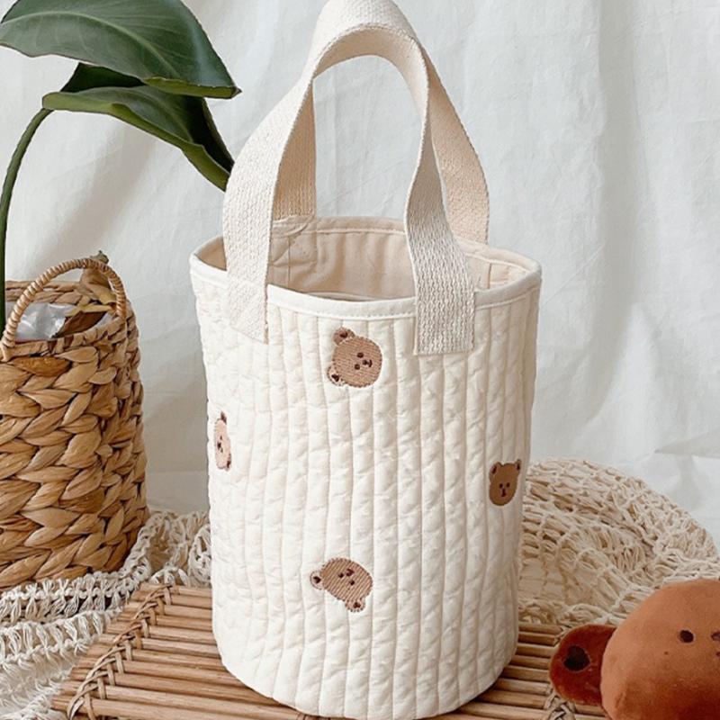Babyflaschen-Aufbewahrungstasche Reine Baumwolle Eimerform Niedliche Stickerei Windel-Caddy-Organizer für